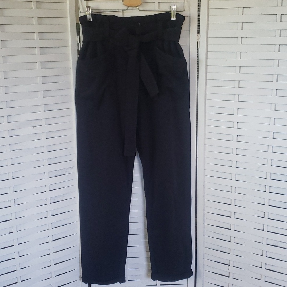 Topshop paper bag waist with fabric wide belt straight leg high rise pants 6